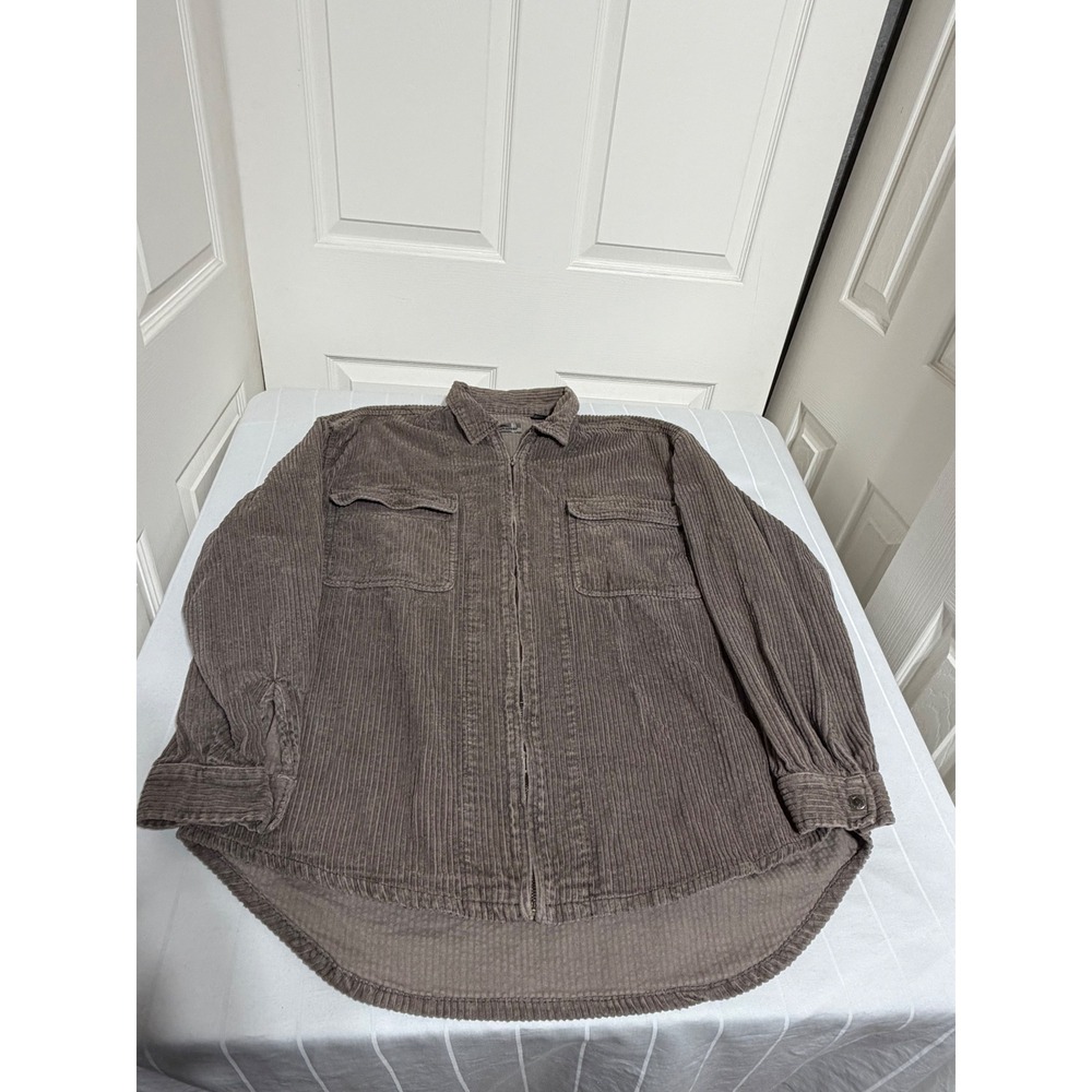 Quiksilver Mens Large Corduroy Full Zip Shirt Jacket Taupe Brown WideWale Cotton